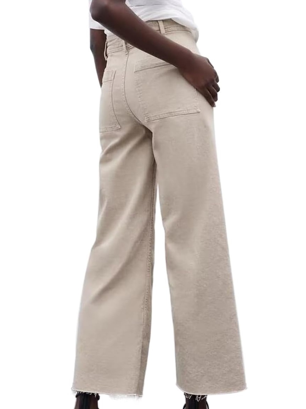 High-Waisted Wide-Leg Cropped Pants in a neutral sand beige/khaki, Size XS